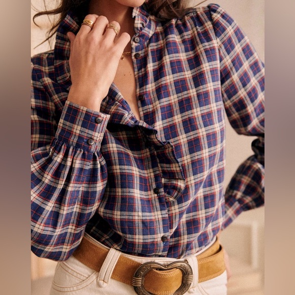 Sezane Tops - Sezane Chlo Ruffle Button Front Shirt Oxford Plaid Size 38 French US 6 Linen Top
